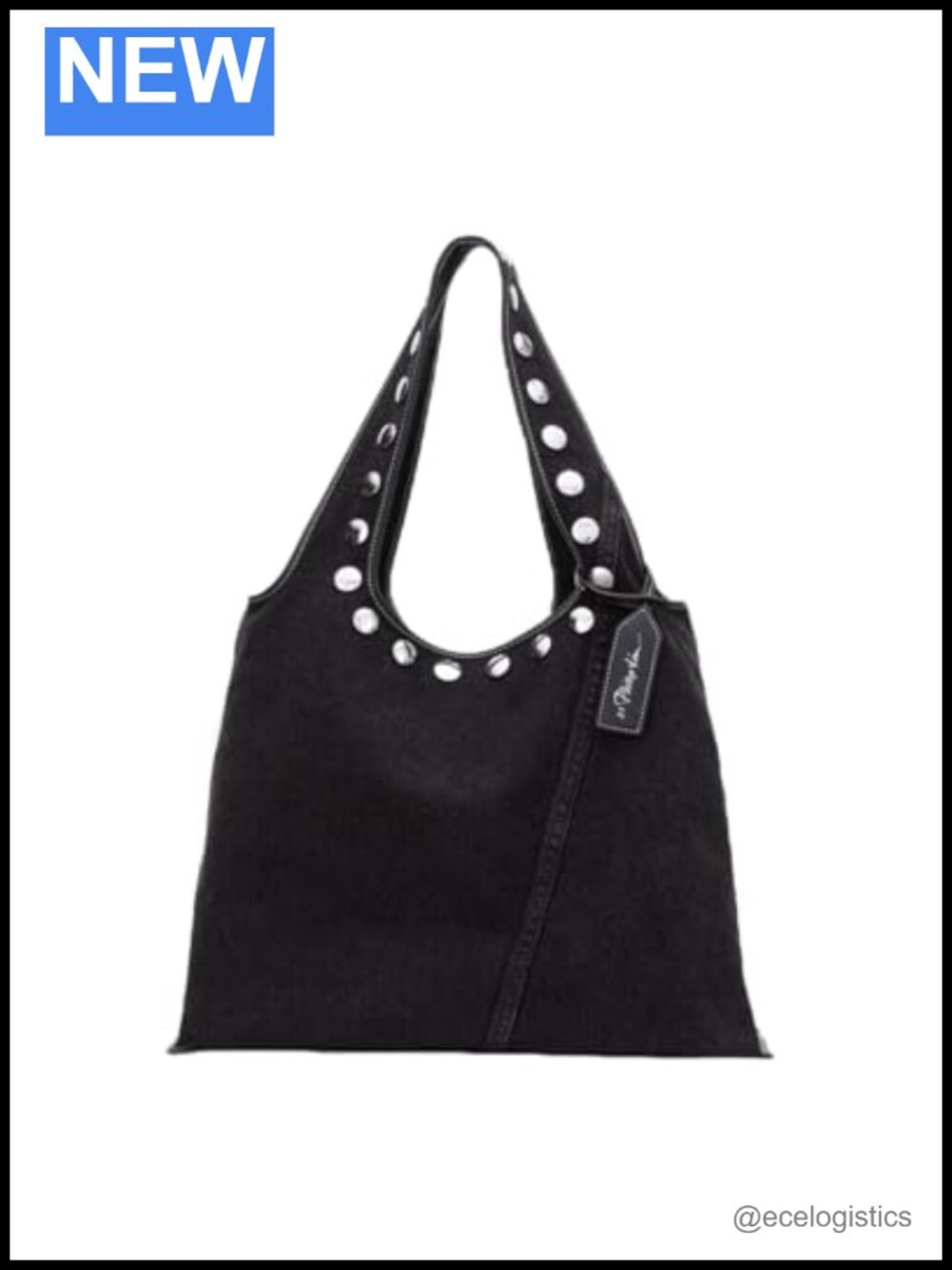 Washed Denim Market Tote with Studs - 100% Cotton, Leather Lining, Flap Closure